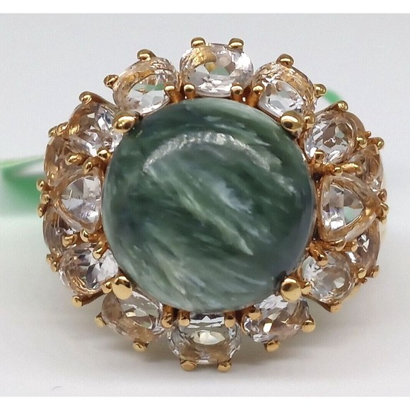 Karis Green Stone Clear Gemstone Ring Size 7 Gold Tone G&B Made In India Sparkly - Picture 1 of 12